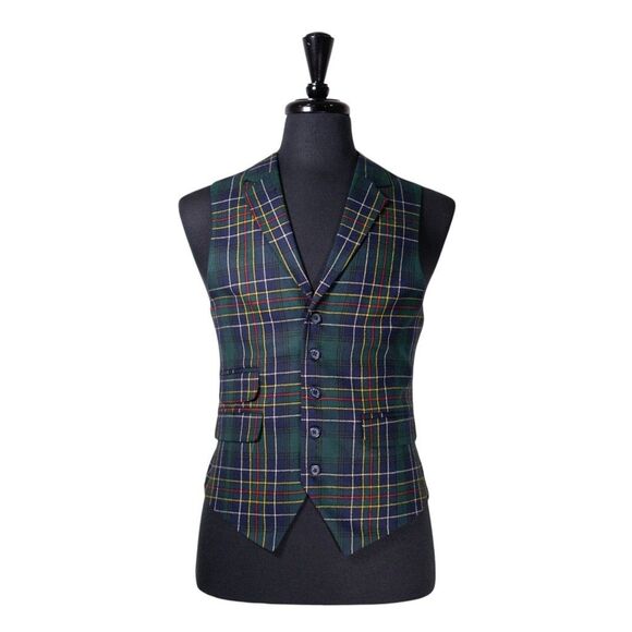 Mens Tartan Vest 40R Green Blue Yellow Wool Plaid Waistcoat Formal Wedding Party - Picture 1 of 10